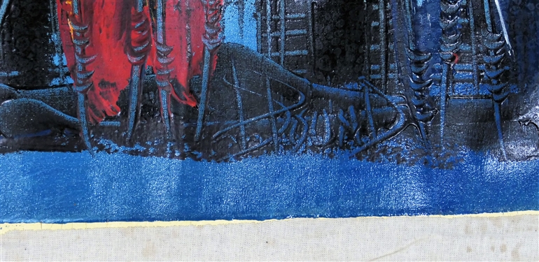 Artist Signed P. Dound African Painting on Linen of Mountain and Figures - Art Measures  22 1/2 by 31 