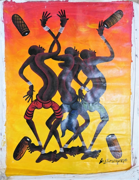 Artist Signed Sir. Unyayo African Dancer Painting on Fabric - Art Measures - 31 1/2" by 23 1/2"