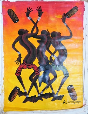 Artist Signed Sir. Unyayo African Dancer Painting on Fabric - Art Measures - 31 1/2 by 23 1/2