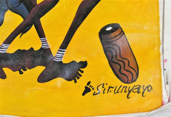 Artist Signed Sir. Unyayo African Dancer Painting on Fabric - Art Measures - 31 1/2 by 23 1/2