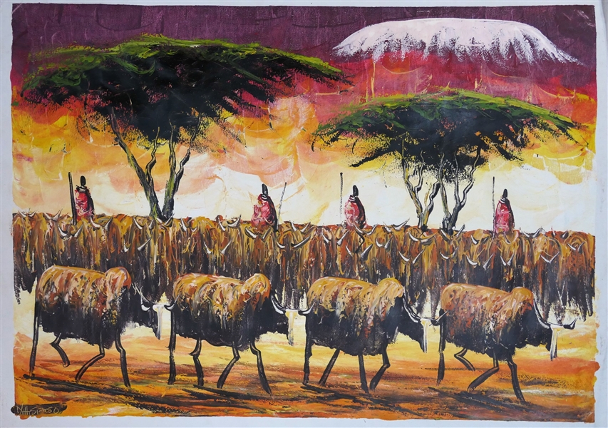 Artist Signed N. H. Spaso African Painting on Fabric of Cattle Drive - Art Measures 23" by 31"