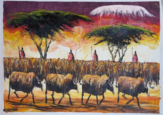 Artist Signed N. H. Spaso African Painting on Fabric of Cattle Drive - Art Measures 23 by 31