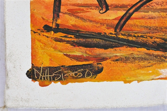 Artist Signed N. H. Spaso African Painting on Fabric of Cattle Drive - Art Measures 23 by 31