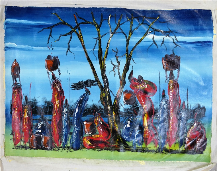 P. Dound Artist Signed African Painting on Fabric of People with Baskets  and Spears - Art Measures - 23" by 31"