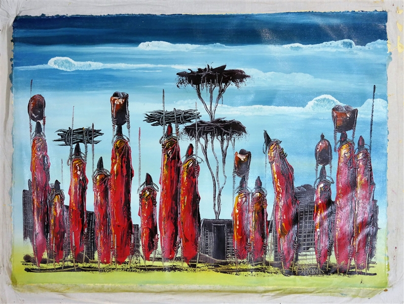 P. Dound Artist Signed African Painting on Fabric of People in Red with Baskets in Front of Village - Art Measures - 23" by 31"