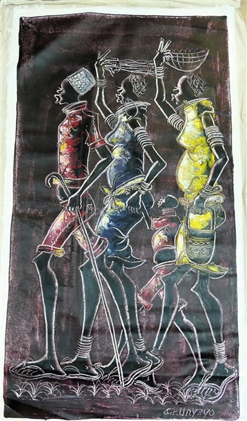 Large Artist Signed Sir. Unyayo Painting on Linen of People  in Colorful Outfits - Art Measures 44 1/2" by 25"