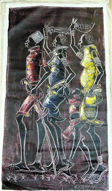 Large Artist Signed Sir. Unyayo Painting on Linen of People  in Colorful Outfits - Art Measures 44 1/2 by 25
