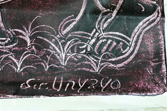 Large Artist Signed Sir. Unyayo Painting on Linen of People  in Colorful Outfits - Art Measures 44 1/2 by 25