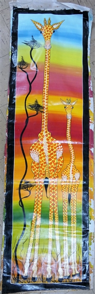 Artist Signed Mr. Chombo Painting on Fabric of Giraffes - Good Bright Colors - Art Measures 54 1/2" by 16"