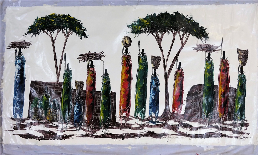 Artist Signed Tautri African Painting on Fabric of Villagers and Trees - Art Measures - 24" by 43"