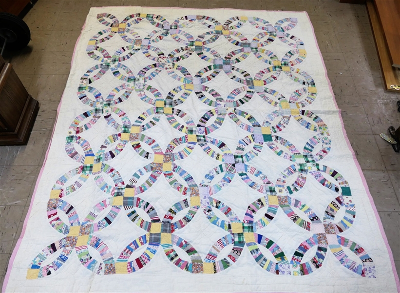 Nice Thin Double Wedding Ring Quilt - Hand Quilted - Measures 79" by 67"