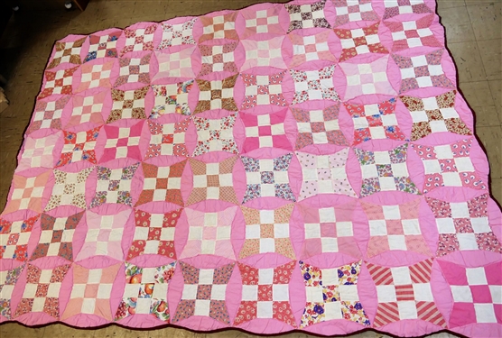Red and Pink Handmade Quilt - Scalloped Edges - Measures 87 by 67