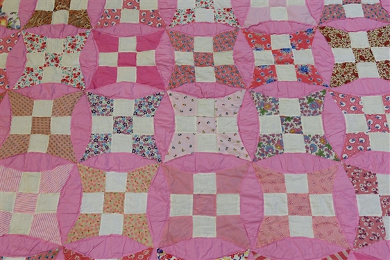 Red and Pink Handmade Quilt - Scalloped Edges - Measures 87 by 67
