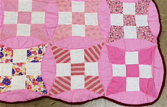Red and Pink Handmade Quilt - Scalloped Edges - Measures 87 by 67