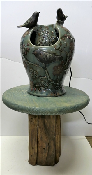 Ceramic Garden Fountain with Bird Decoration with Wood Tree Trunk Pedestal - Fountain Measures 13" tall Pedestal 12" Tall 