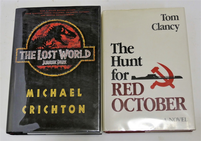 2 Books - "Jurassic Park The Lost World" by Michael Crichton Author Signed First Edition and "The Hunt for Red October" by Tom Clancy 