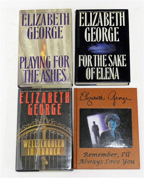 4 Author Signed Books by Elizabeth George - "For The Sake of Elena" "Well-Schooled in Murder" "Playing For The Ashes" and " Remember, Ill Always Love You" Number 57 of 300 Copies 