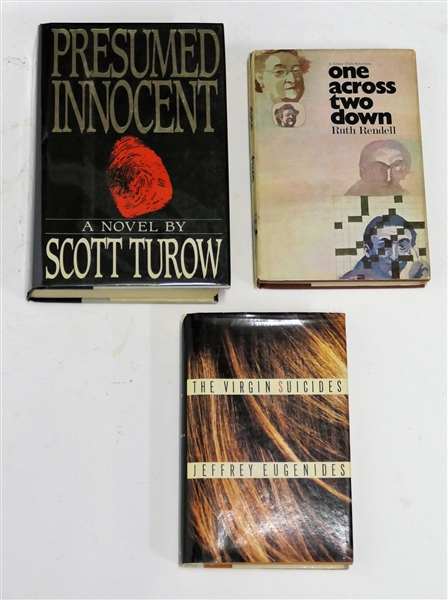 3 First Edition Books "One Across Two Down" by Ruth Rendell, "Presumed Innocent" by Scott Turow and "The Virgin Suicides" by Jeffrey Eugenides