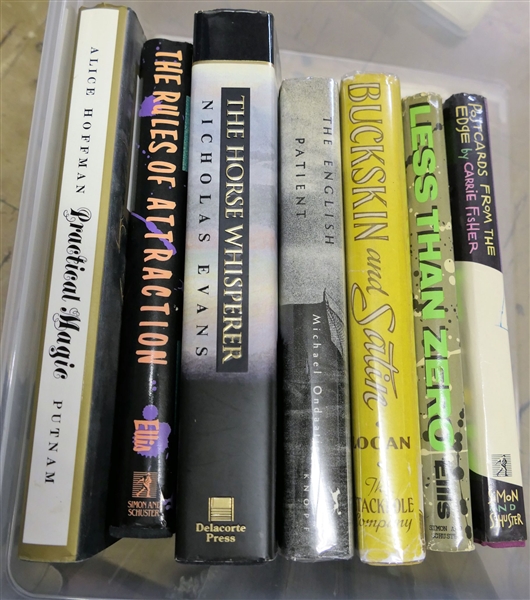 Lot of 7 Hard Cover Books with Dust Jackets including "Practical Magic" "The Rules of Attraction" "The Horse Whisperer" "The English Patient" "Buckskin and Satin" "Less Than Zero" and "Post Cards...