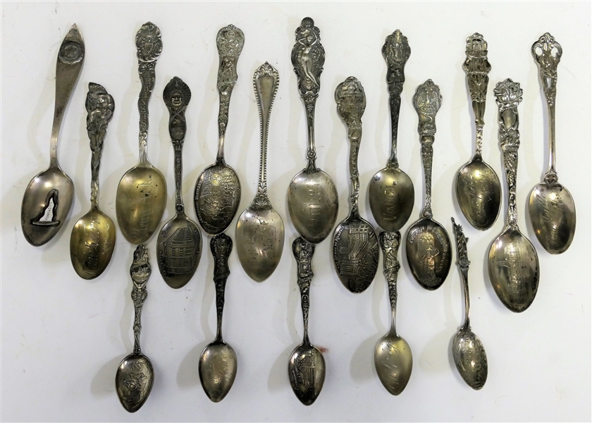 18 Sterling Silver Souvenir Spoons - including Arkansas, Memphis Tenn, St. Louis, Vinita, Etc. 