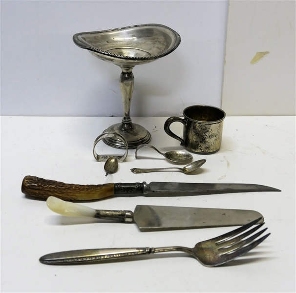 Lot of Sterling Silver Items including Weighted Compote (Dented), Baby Cup (Monogrammed) and Spoon, Napkin Ring, Sterling Handled Serving Pieces