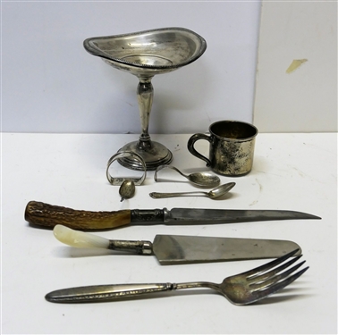 Lot of Sterling Silver Items including Weighted Compote (Dented), Baby Cup (Monogrammed) and Spoon, Napkin Ring, Sterling Handled Serving Pieces