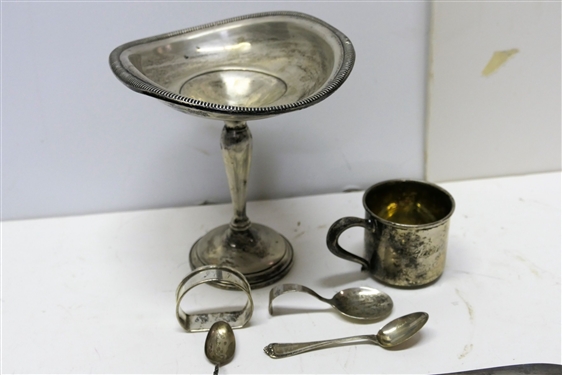 Lot of Sterling Silver Items including Weighted Compote (Dented), Baby Cup (Monogrammed) and Spoon, Napkin Ring, Sterling Handled Serving Pieces