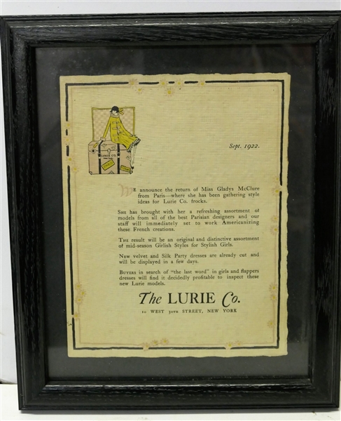 "The Lurie Co." Letter Announcing the  Return of Miss. Gladys McClure from Paris - Dated Sept. 1922 - Framed - Frame Measures 11" by 9 1/2"