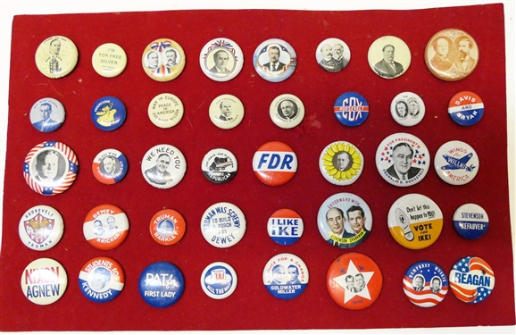 40 Political Buttons including Reagan, Humphrey -Muskie, Ike, Goldwater -Miller, Nixon - Agnew, I'm Free For Silver, Roosevelt - Truman, Vote Republican, Truman - Barkley, Pat for First Lady, Dewey...