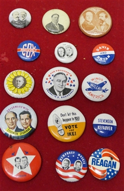40 Political Buttons including Reagan, Humphrey -Muskie, Ike, Goldwater -Miller, Nixon - Agnew, I'm Free For Silver, Roosevelt - Truman, Vote Republican, Truman - Barkley, Pat for First Lady, Dewey...