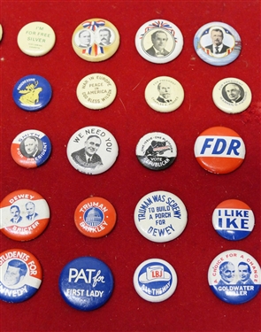 40 Political Buttons including Reagan, Humphrey -Muskie, Ike, Goldwater -Miller, Nixon - Agnew, I'm Free For Silver, Roosevelt - Truman, Vote Republican, Truman - Barkley, Pat for First Lady, Dewey...
