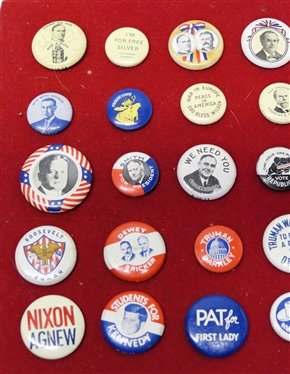 40 Political Buttons including Reagan, Humphrey -Muskie, Ike, Goldwater -Miller, Nixon - Agnew, I'm Free For Silver, Roosevelt - Truman, Vote Republican, Truman - Barkley, Pat for First Lady, Dewey...