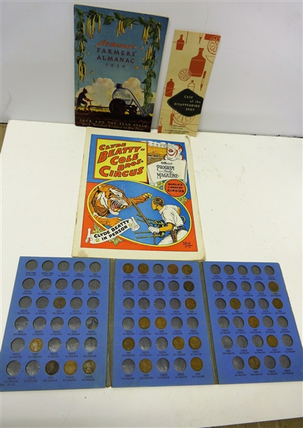 1961 Clyde Beatty-Cole Bros Circus Program, Amours Farmers Almanac - 1930, Case of the Disappearing Spot, and Lincoln Head Cent Book - with Some Pennies