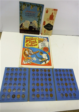 1961 Clyde Beatty-Cole Bros Circus Program, Amour's Farmer's Almanac - 1930, Case of the Disappearing Spot, and Lincoln Head Cent Book - with Some Pennies