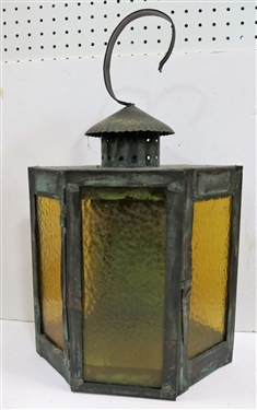 Copper Candle Lantern with Colored Glass Windows - Measures 18 Tall with Handle