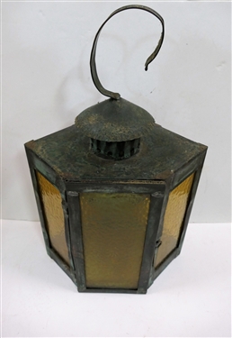 Copper Candle Lantern with Colored Glass Windows - Measures 18 Tall with Handle