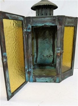 Copper Candle Lantern with Colored Glass Windows - Measures 18 Tall with Handle