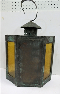 Copper Candle Lantern with Colored Glass Windows - Measures 18 Tall with Handle