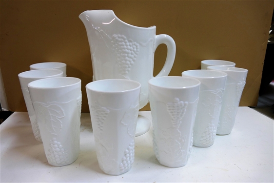 Westmoreland Paneled Grape Milk Glass Footed Ice Lip Pitcher and 8 Glasses 