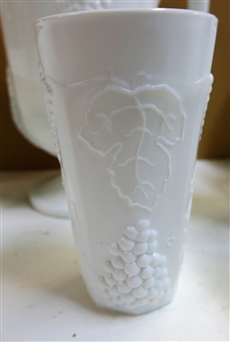 Westmoreland Paneled Grape Milk Glass Footed Ice Lip Pitcher and 8 Glasses 