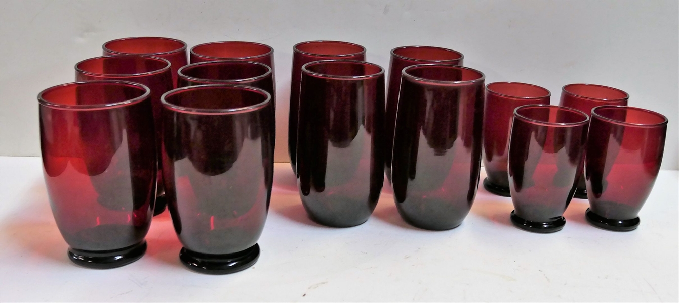 Lot of Ruby Red Glasses - 6 Footed 4 3/4", 4 Flat 4 3/4", and 4 Footed Juice Glasses