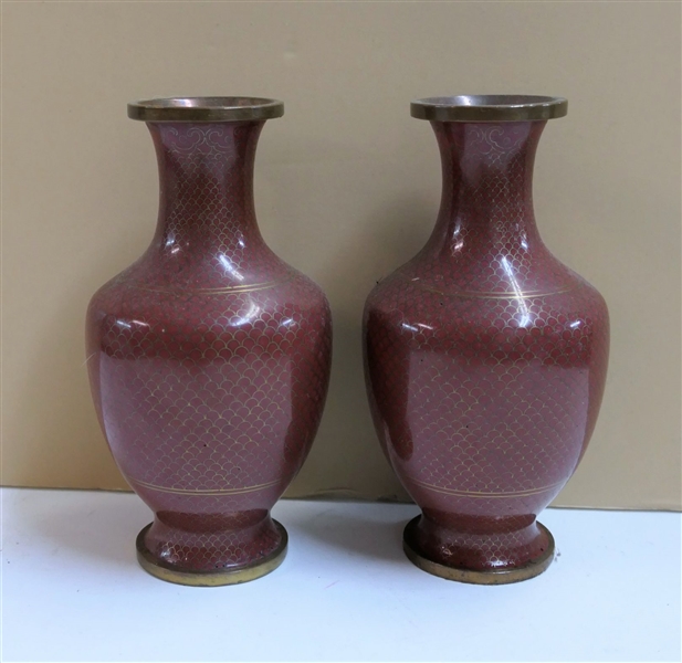 Pair of Rust Colored Cloisonné Vases - Each Measures 6 1/2" Tall 