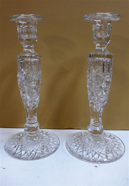 Pair of Cut Glass Candlesticks - Each Measures 10"