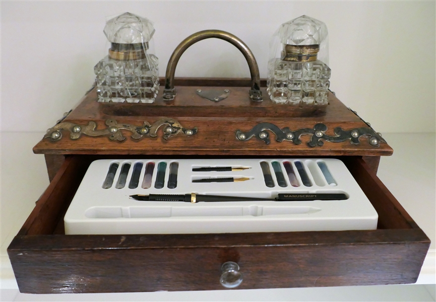 Fancy Oak Inkwell with Metal Details - 2 Glass Ink Bottles - Single Drawer with Fountain Pen Kit and Extra Nibs Base Measures 12" by 8"