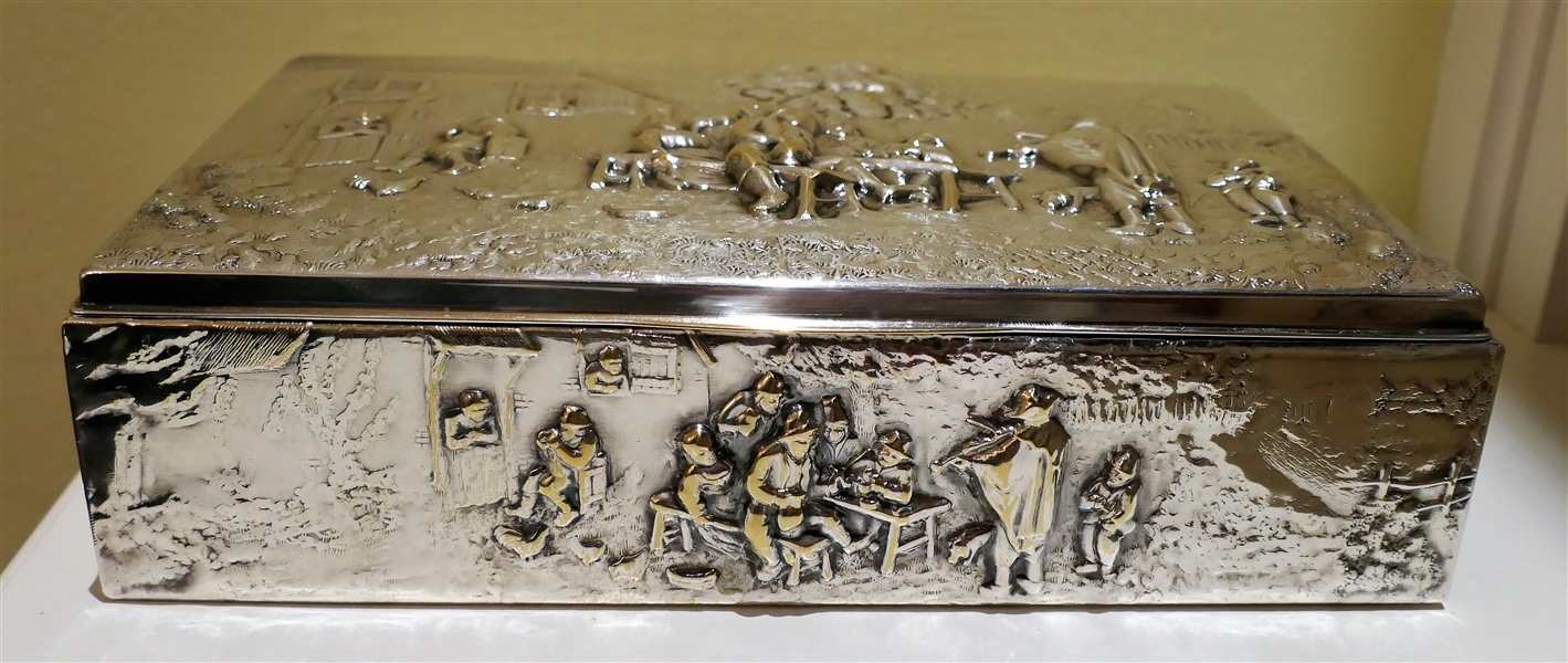 German Wood Lined Humidor or Cigarette Box - Scene on Top and Sides - Signed Germany on Bottom - Measures 2" tall 9" by 6"