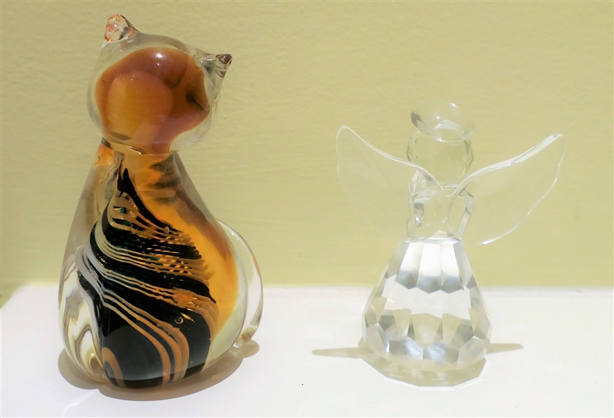 Art Glass Cat Figure and Crystal Angel Figure - Cat Measures 4 1/2" Tall 