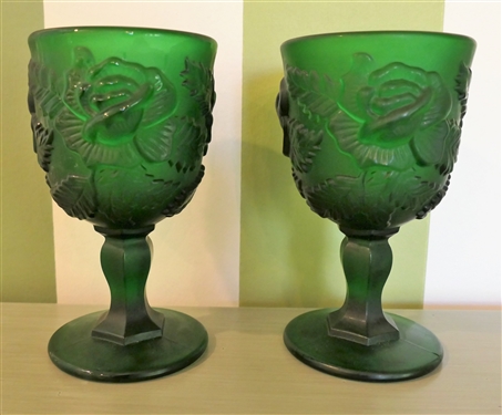 2 Beautiful Green Glass Goblets with Raised Roses - Each Measures 6 1/4 tall 3 3/4 Across