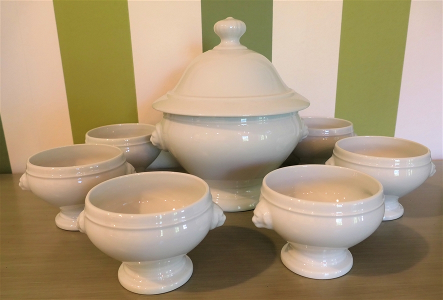 Apilco France Tureen and 6 Bowls - Lion Heads on Sides - Each Footed Bowl Measures 4" tall 5" Across - Tureen Measures 11" Tall 