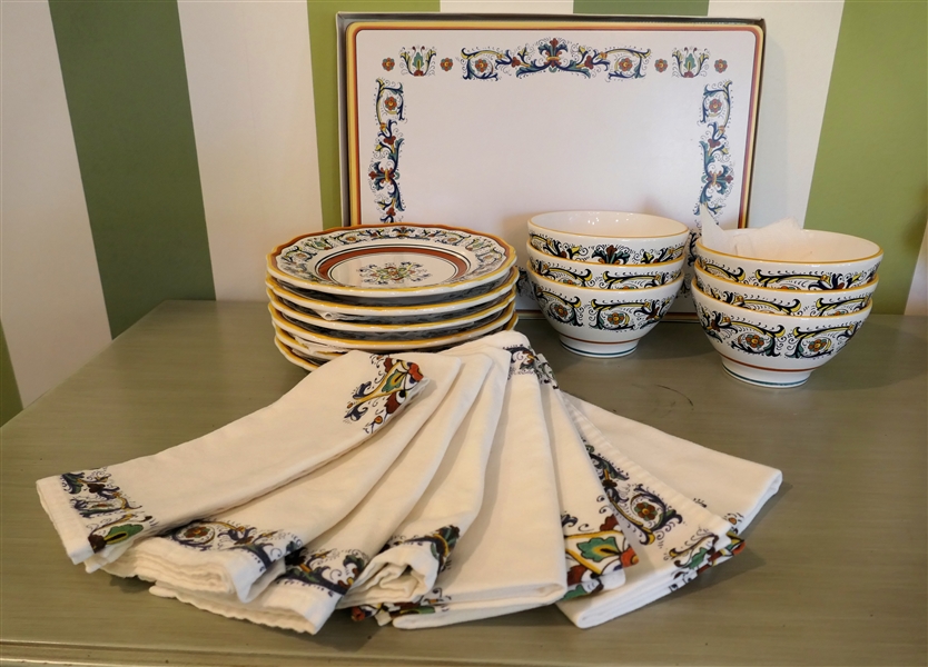 Lot of Handcrafted in Italy for Sur La Table 6 Bowls, 6 Small Plates, 8 Napkins, and 4 Placemats - Bowls Measure 5 3/4" Across, Plates 8 1/2" Across