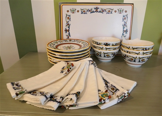 Lot of Handcrafted in Italy for Sur La Table 6 Bowls, 6 Small Plates, 8 Napkins, and 4 Placemats - Bowls Measure 5 3/4 Across, Plates 8 1/2 Across